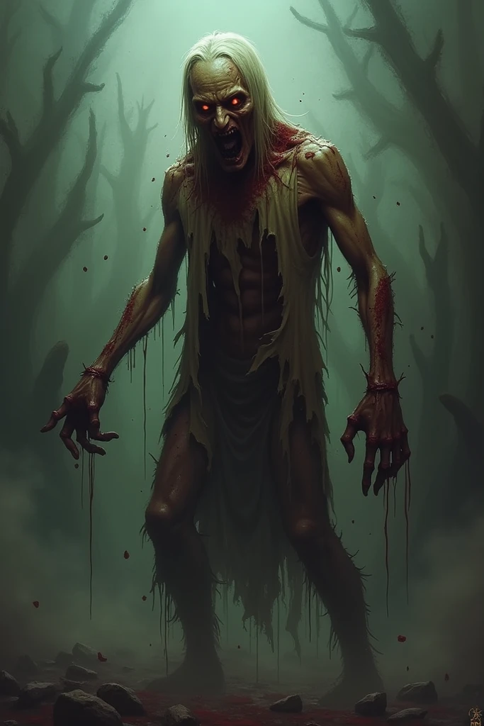 Make a human, white male, malnourished, trickster, with a disproportionate body with a huge mouth and an ugly smile is a background burn
