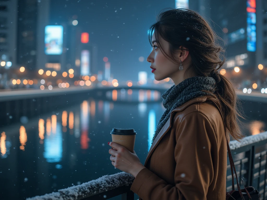 Masterpiece, (((highly detailed digital art of the background reflection of the water surface))), a woman with smooth skin and red manicured nails holding a paper cup of coffe in her right hand. She is look over the river on a large bridge, with a vast, clear river beneath her. The water reflects the city（Tokyo） lights, creating a striking reflection. The scene is set on a snowy night, focus on the river, captured from behind and over her shoulder. The model is anatomically correct, with accurate proportions and high-definition details, rendered in 8k resolution. The scene includes reflected light and a soft, ambient glow from the city lights, showcasing the beauty of the winter night.