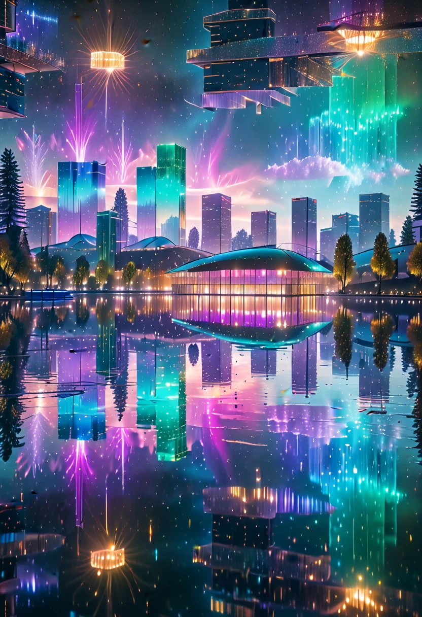 Cities Skylines, Reflected In Water, Aurora, city skyline with a reflection of the water, Futuristic Lake of Iridescent Lights, Building on a Calm Lake Surrounded, Bright evening, dreamy landscape. Iridescent light effect, ultra-fine glass reflection, shimmering metallic accents, cinematic atmosphere.