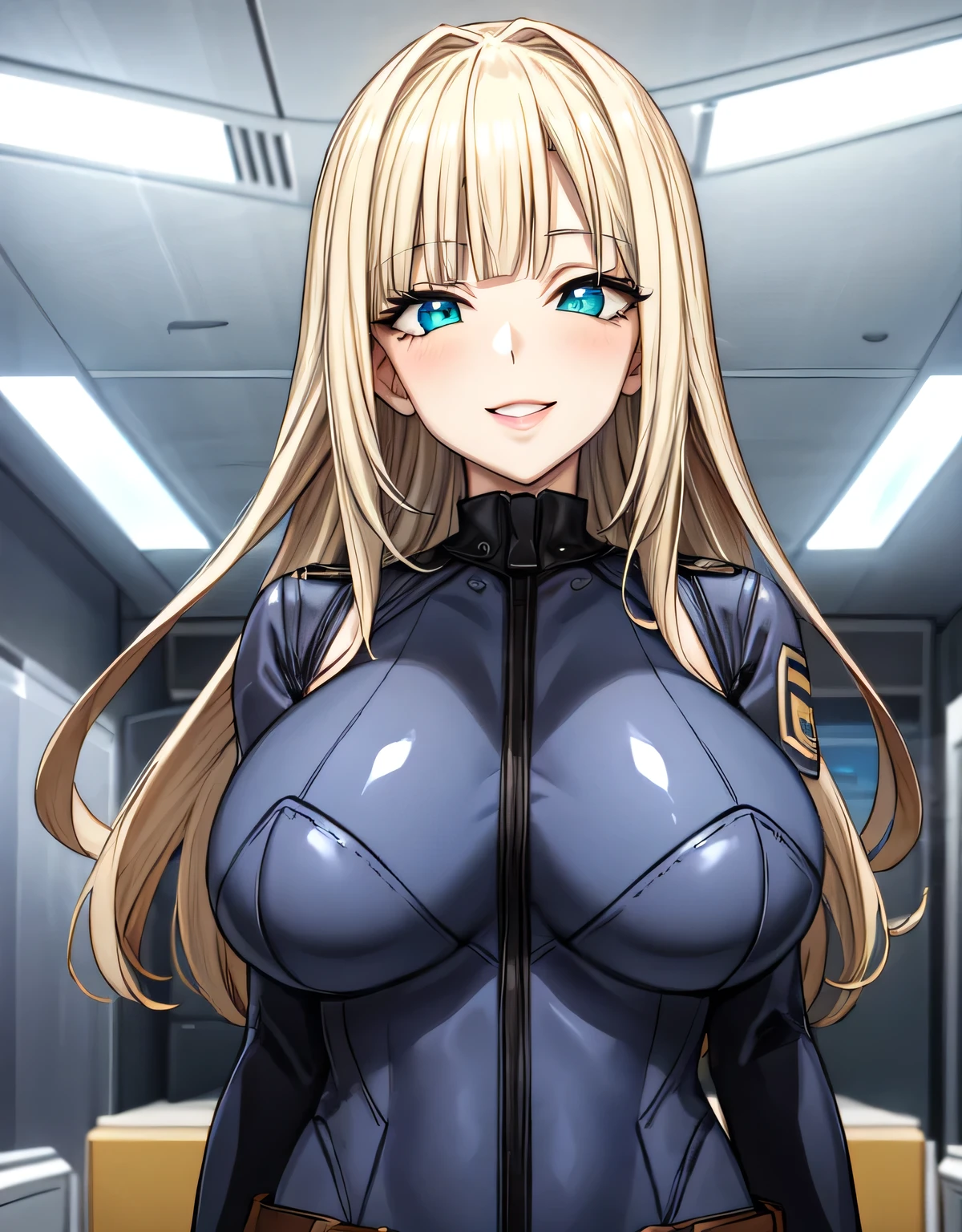 blonde hair,semi-long hair,(blunt bangs),smile,blush,lips,NiimiBodysuit,blue bodysuit,belt,(shiny bodysuit),latex,indoor room,(huge breasts:1.2),(shiny,hair),((solo)),((masterpiece)),((best quality)),perfect anatomy,slim waist,perfect image,8k UHD,(beautiful detailed eyes:1.5),extremely detailed face,standing,(upper body:1.2),(look at the front:1.5),(arms behindback),ultra-detailed,absurdres,ultra-highres,