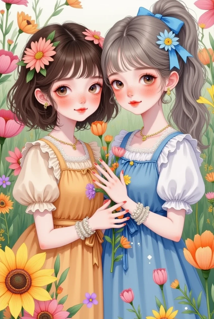 2girls,bangs,blue dress,blush,bow,breasts,brown eyes,brown hair,choker,crying,daisy,dress,english text,eyelashes,fingernails,floral background,flower,freckles,grey hair,hair flower,hair ornament,hat,hat flower,holding flower,lily \(flower\),lips,lipstick,long hair,looking at viewer,makeup,mole,multiple girls,nail polish,necktie,open mouth,parted lips,ponytail,puffy short sleeves,puffy sleeves,red choker,red lips,red ribbon,ribbon,ribbon choker,short hair,short sleeves,smile,snowflakes,sun hat,tears,upper body,white flower