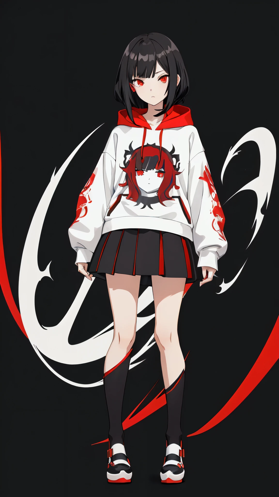 A girl with pale skin, short black hair with red streaks ((dark red)), bright red eyes, has two curved white horns on her head, one of which is broken, wears a sweatshirt with a red pentagram, has hooves instead of feet, and a long tail made of bones