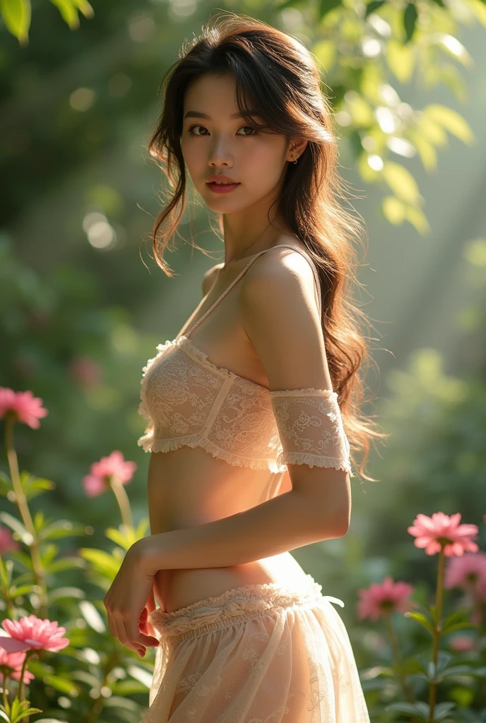 A stunning, intimate portrait of a Korean girl wearing pastel green lingerie, sitting amidst a beautiful flower garden. The girl has long, wavy hair and is looking away, with a sensual expression. The garden is filled with various vibrant flowers, and petals are falling in the background, creating a dreamy atmosphere. The photographer used a Nikon D500 with an 85mm lens, capturing the subject in sharp focus with a hard-lit, volumetric lighting technique to create depth and dimension.