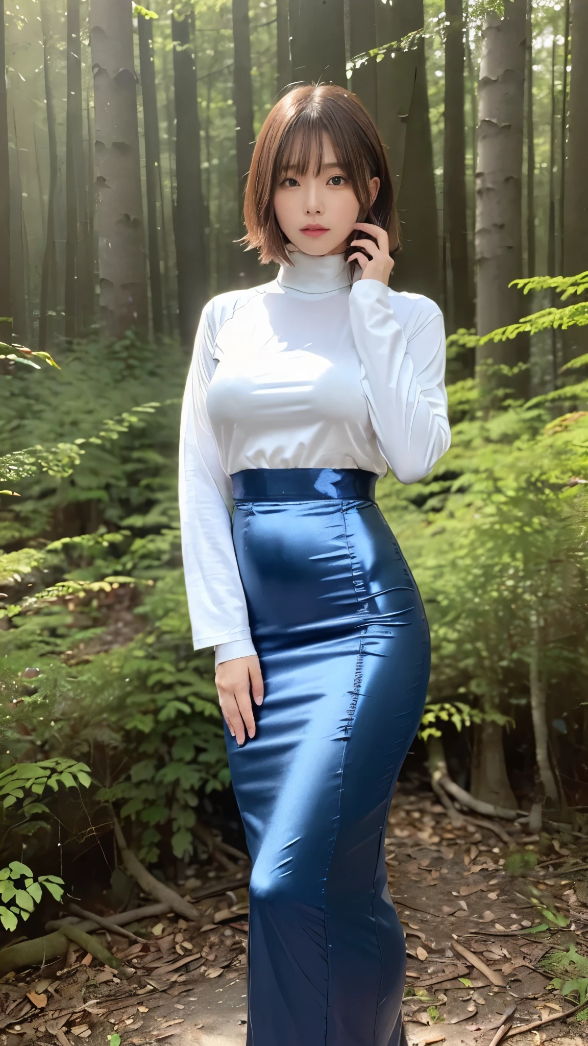 (masterpiece,  best quality,    ultra high resolution ),  extremely detailed CG  ,  short bob hair with bangs 、  beautiful face、((( very pretty Japanese woman hiding her chest with her hands ))),((Long high-waisted mermaid pencil skirt in shiny light blue satin )),The shirt is tucked into the skirt、(Maxi long skirt)、(((Long-sleeved, form-fitting, high-neck t-shirt made of shiny silver satin fabric)))、((((Standing in the forest on a dark night)))),Sexy thigh line 