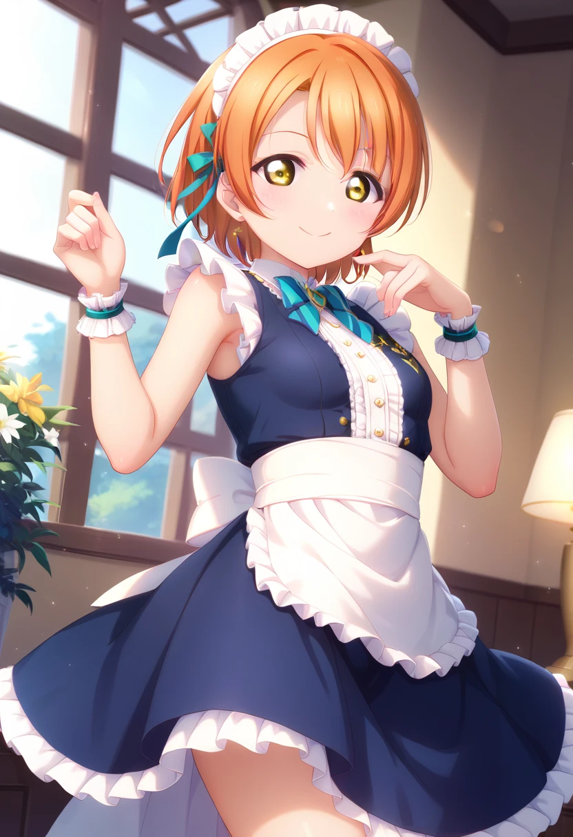 {{{masterpiece}}}, {{{best quality}}}, {{ultra-detailed}}, {illustration}, {{an extremely delicate and beautiful}}, orange hairRin Hoshizora Love Live 星空 凛、 orange hair、 bob cut from the front、small Average breasts、Yellow Eyes、20old、 sexy、 disgusting、smile、dynamic pose、 maid clothes