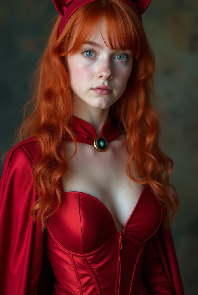 High detail ecru close-up portrait of a beautiful, pale 20-year-old woman ((nude)) (((funny beautiful, red-haired, slim) with angular, feminine face, big eyes)), ((wearing rags, damaged)) cape, realistic, symmetrical, highly detailed, hard lighting, cinematic lighting, art by artgerm and greg rutkowski and alphonse Mucha, serious eyes, contrast, textured skin, cold skin pores, Hasselblad, 45 degrees, hard light, gigapixel, feet visible, perfect face, freckles, perfect shaved vagina