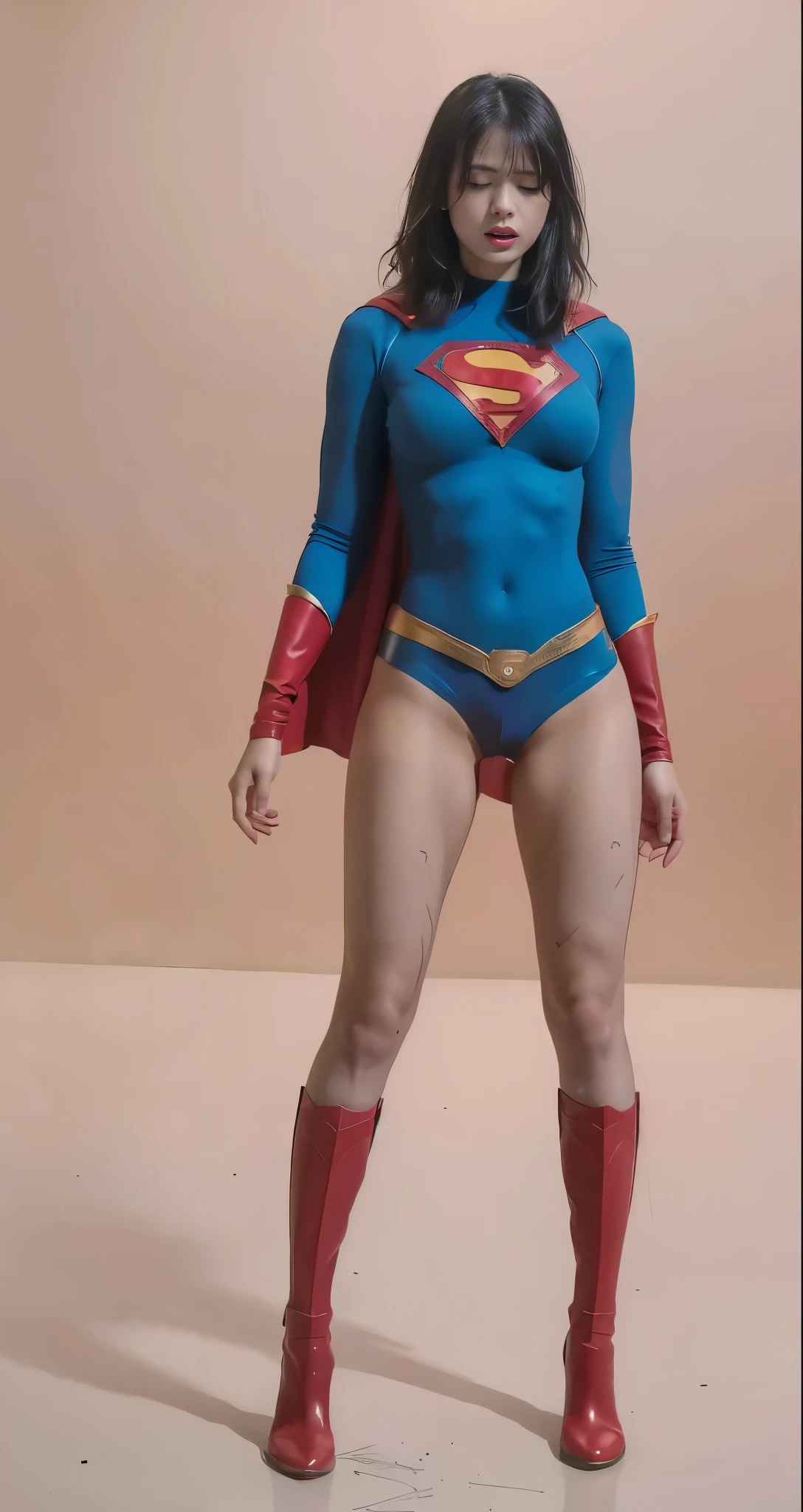No background、(((Beautiful legs in black tights.)))、(((Legalize the beauty of your suffering face)))、((((Make the most of your original images)))、(((Supergirl Costume)))、(((Beautiful Hair)))、(((suffering)))、(((Please wear black tights....、Wear red boots)))、((Best image quality、8k))、((Highest quality、8k、masterpiece:1.3))、(((Preserve background )))、Sharp focus:1.2、Beautiful woman with perfect figure:1.4、Slim Abs:1.2、Wet body:1.5、Highly detailed face and skin texture、8k