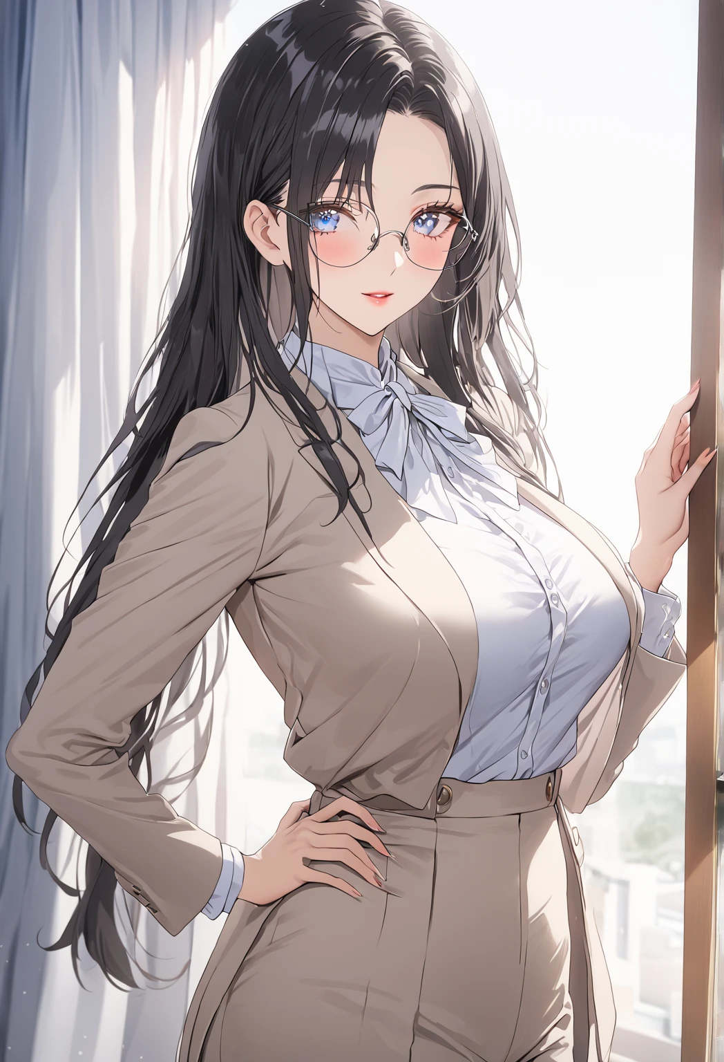 ((Highest quality)), ((masterpiece)), (detailed), (front view), (one girl), sexy, shiny skin, glossy skin, height 168cm, bust 120cm, medium size breast, hourglass body, housewife, black hair parted bangs, A mother with blue eyes, Wearing round glasses, Looking at the viewer with gentle eyes, wearing a fitted blazer over a soft blouse with a modest neckline, paired with tailored, high-waisted pants in a sleek, neutral tone. The outfit has subtle, elegant details like delicate buttons and understated jewelry, giving her a refined, professional appearance suitable for an office setting. The fabric is slightly translucent in the sunlight.
