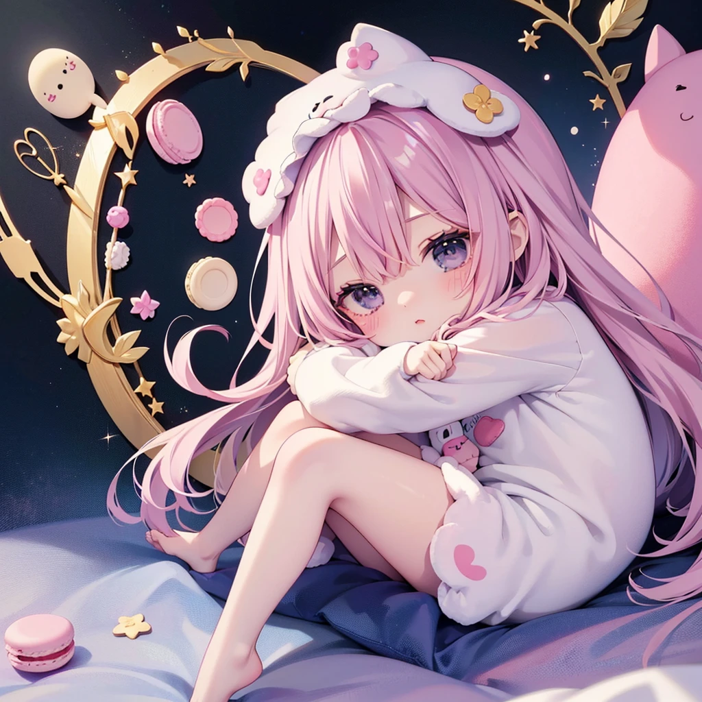 Chibi、Cute 1girl,Handsome face、Baby Face、((( best composition、 best quality、 masterpiece、 super detailed、 high definition)))、 Pastel Colors 、A Kind World、Soft and fluffy、cute kigurumi、Nap、Macaron shaped comforter、