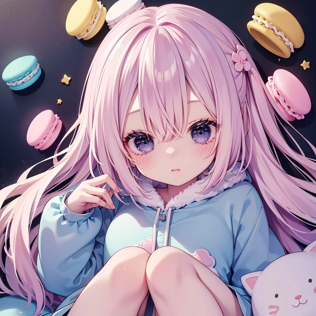 Chibi、Cute 1girl,Handsome face、Baby Face、((( best composition、 best quality、 masterpiece、 super detailed、 high definition)))、 Pastel Colors 、A Kind World、Soft and fluffy、cute kigurumi、Nap、Macaron shaped comforter、