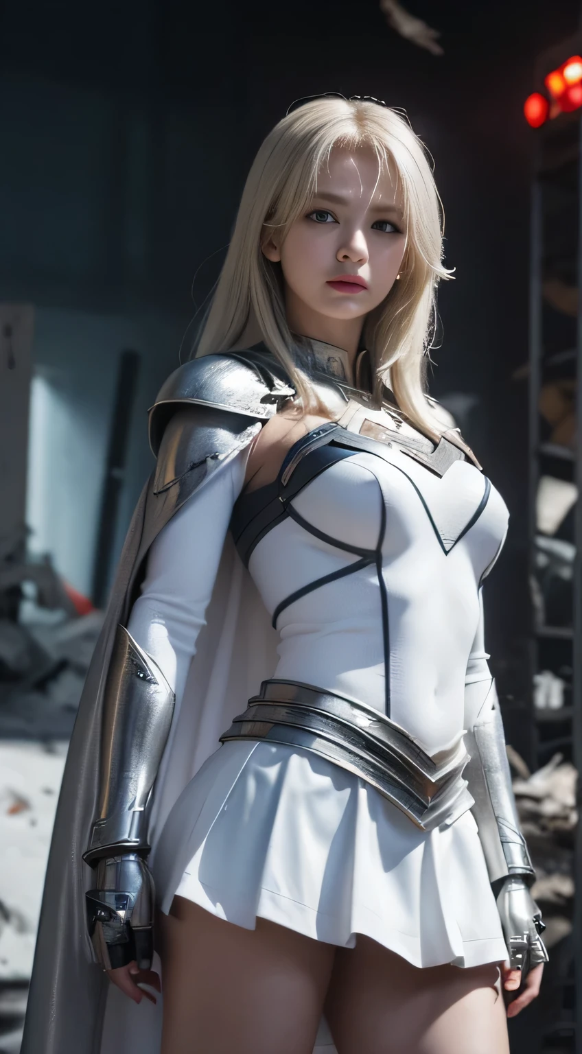 (White Superhero Theme Supergirl),( Apocalyptic city destroyed:1.4),(superchica:1.4), (gray white hair ),More detailed 8K.unreal engine:1.4,UHD,La Best Quality:1.4, photorealistic:1.4, skin texture:1.4, Masterpiece:1.8,first work, Best Quality,object object], (detailed face features:1.3), (Detailed hands:1.4),  with skirt and cape waliking in apocalyptic mecha destroyed city warfare damage vehicles in background cowboy view from below