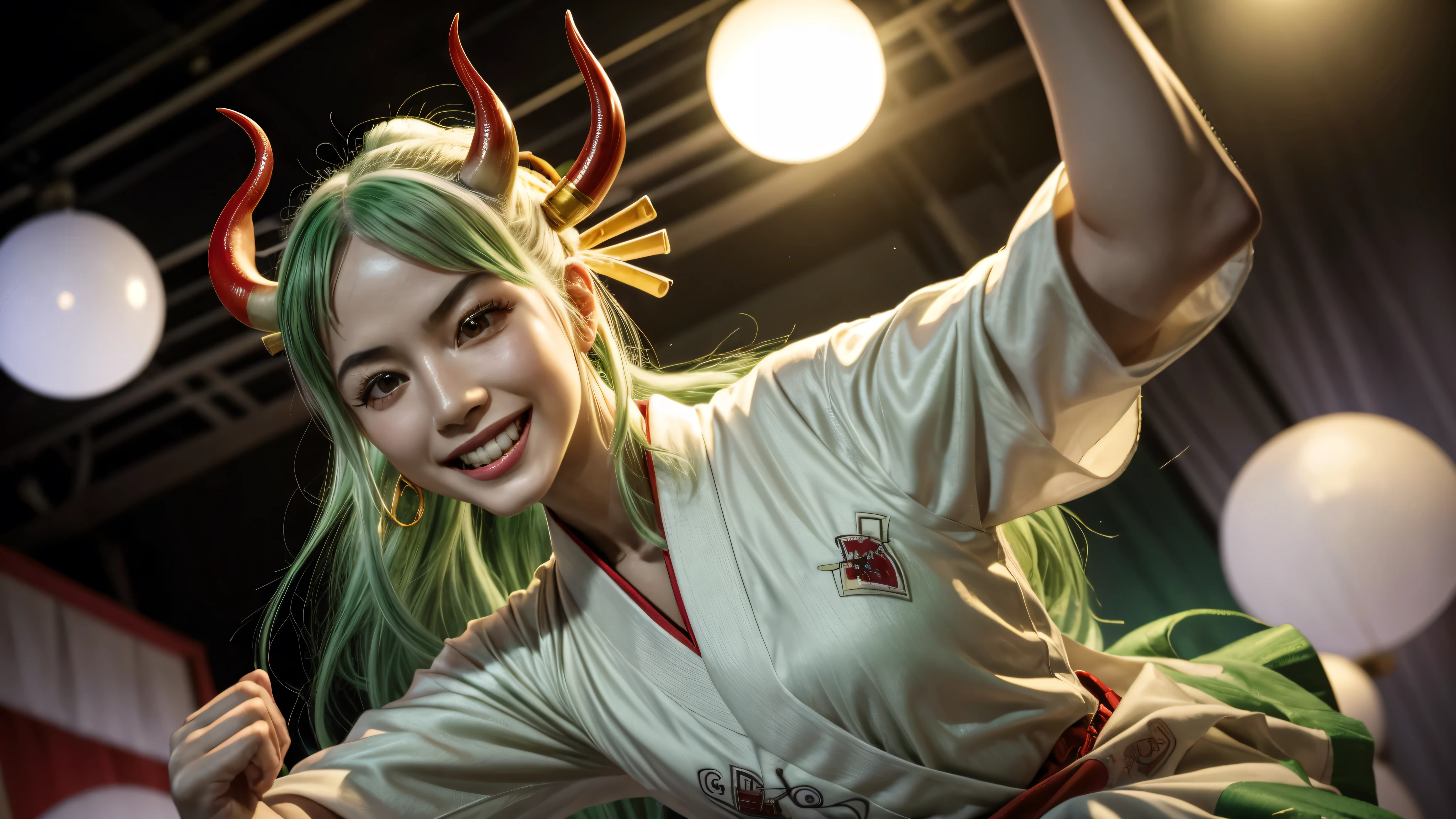 masterpiece, best quality, extremely detailed, hyperrealistic:1.1, photorealistic, a beautiful 20s japanese model, ultra detailed face:1.1, white and green hair, red horns, red and white kimono dress, smiling, on live stage:1.1, stage lighting, dancing, strenuous movements, from below, dynamic angle
