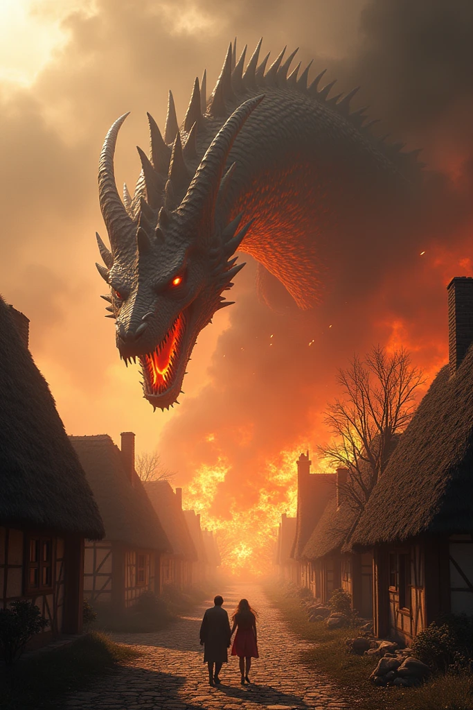 might and viscious wyvern spiting fire burn the villages, soft lighting, realistic, intricate details, warm colors, by Greg Rutkowski, by Alphonse Mucha