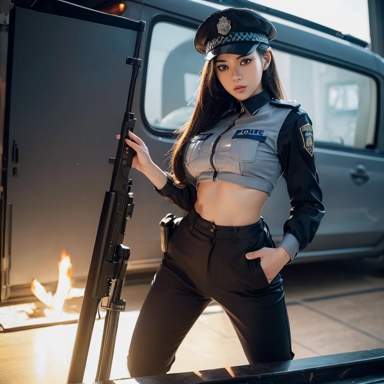 a woman next to a police car,(wearing sexy cop uniform:1.5), blue uniform, 
good hand,4k, high-res, masterpiece, best quality, head:1.3,((Hasselblad photography)), finely detailed skin, sharp focus, (cinematic lighting), soft lighting, dynamic angle, [:(detailed face:1.2):0.2], medium breasts,  <lora:sexy_cop_uniform:0.6>, <lora:betterCuteAsian03:0.3>