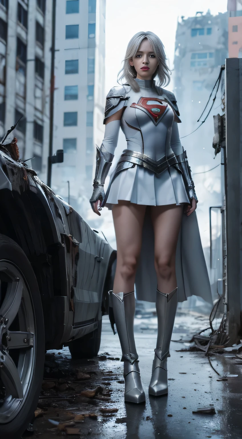 (White Superhero Theme Supergirl),( Apocalyptic city destroyed:1.4),(superchica:1.4), (gray white hair ),More detailed 8K.unreal engine:1.4,UHD,La Best Quality:1.4, photorealistic:1.4, skin texture:1.4, Masterpiece:1.8,first work, Best Quality,object object], (detailed face features:1.3), (Detailed hands:1.4),  with skirt and cape waliking in apocalyptic mecha destroyed city warfare damage vehicles in background 