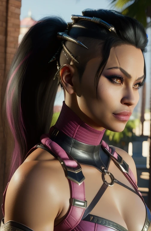 mileena, black hair, ponytail, lips, brown eyes, pink bodysuit, upper body, hair ornament, cleavage, looking at viewer, serious, night, outdoors, mortal kombat, (insanely detailed, beautiful detailed face, masterpiece, best quality),