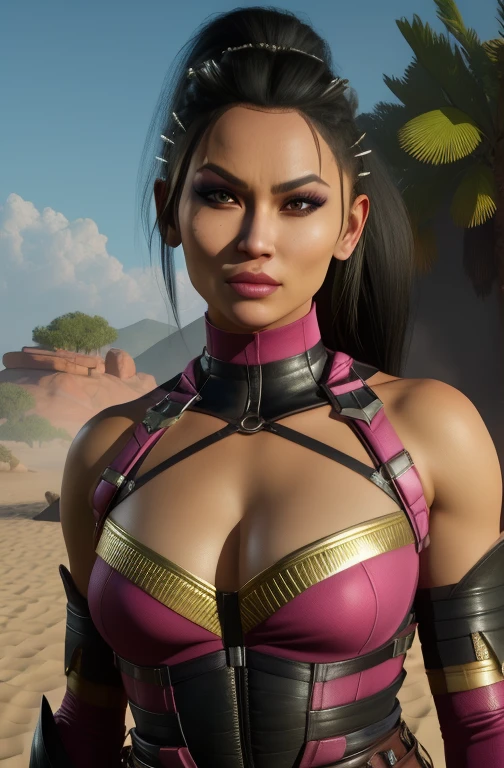 mileena, black hair, ponytail, lips, brown eyes, pink bodysuit, upper body, hair ornament, cleavage, looking at viewer, serious, night, outdoors, mortal kombat, (insanely detailed, beautiful detailed face, masterpiece, best quality),