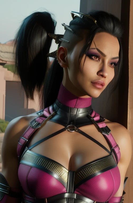 mileena, black hair, ponytail, lips, brown eyes, pink bodysuit, upper body, hair ornament, cleavage, looking at viewer, serious, night, outdoors, mortal kombat, (insanely detailed, beautiful detailed face, masterpiece, best quality),