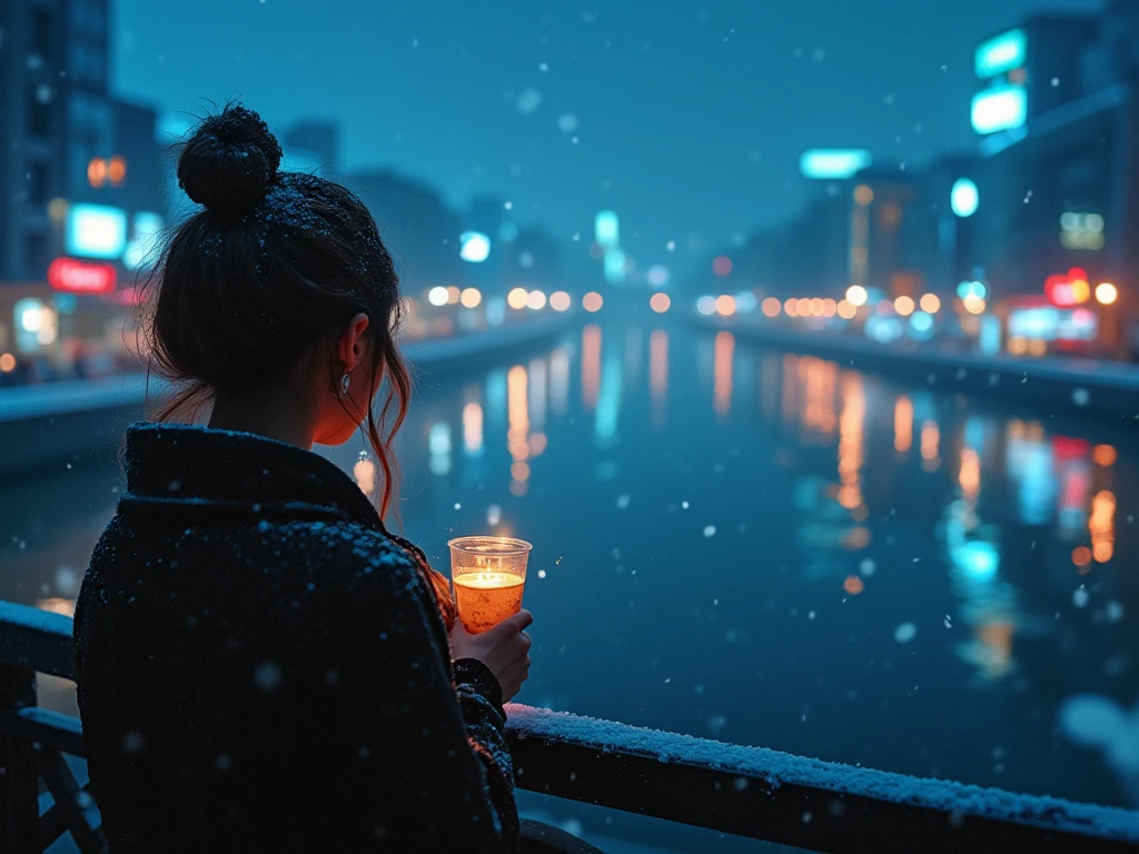 A highly detailed digital artwork of a woman holding a paper cup of coffee on a snowy night, standing on a bridge over a vast, clear river. The water reflects the city lights of Tokyo, creating a stunning reflection. The focus is on the river and reflection, captured from behind the woman over her shoulder. The scene features soft ambient light and a winter glow, with high-definition details, emphasizing the serene atmosphere of the night.