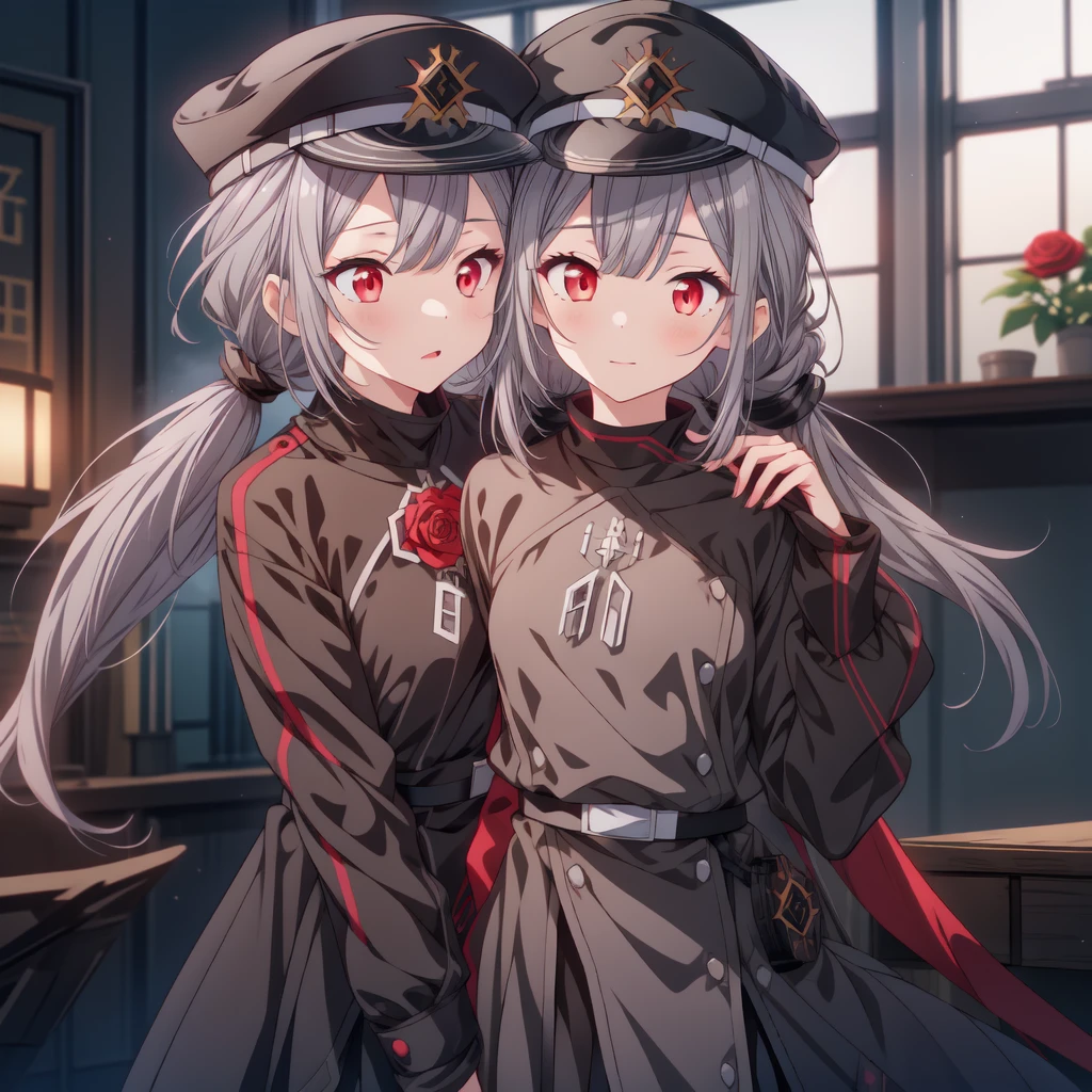  1 girl, , red eyes, Grey Hair, ,  rose twin-tail, Long Hair, Black military uniform, Peaked Cap,
indoor, military base, 

