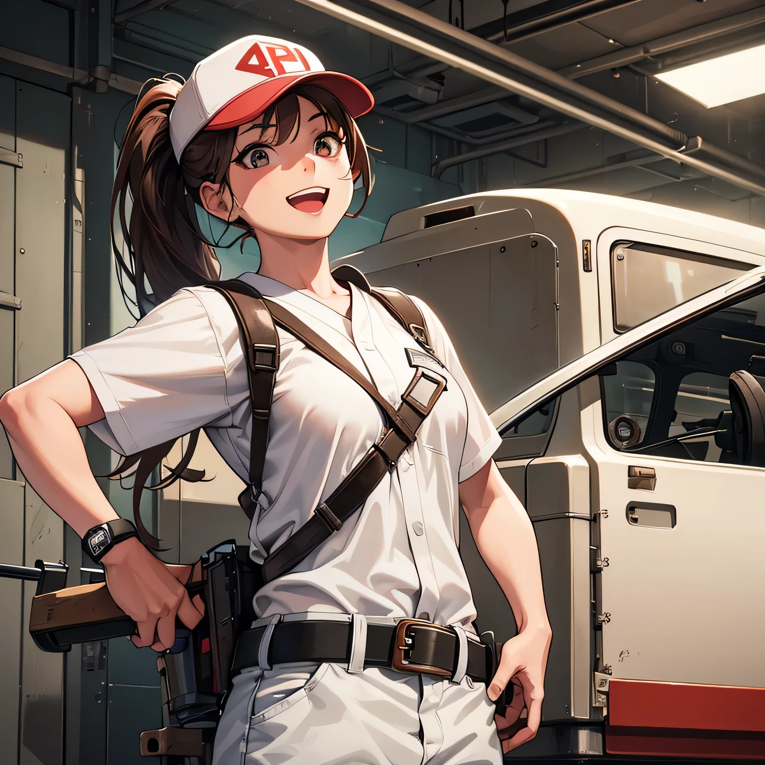 Beautiful woman, Japanese face, long brown hair tied in ponytail, baseball cap without red logo, red mechanic outfit with white details, tools on belt and harness, spanner in hand, she is in ultra modern military hangar with white and red robots, white military vehicle with red details, 4K, ultra detailed image, realistic, perfect Composition Altamente detallado, perfect composition, amazing, smiling with open mouth, athletic physique, incredibly detailed, 8K art photo, highly detailed, masterpiece, super detailed, ultra realistic, 4k, super detailed image, realistic awesome Fine Art Photography, Highly Detailed, Masterpiece