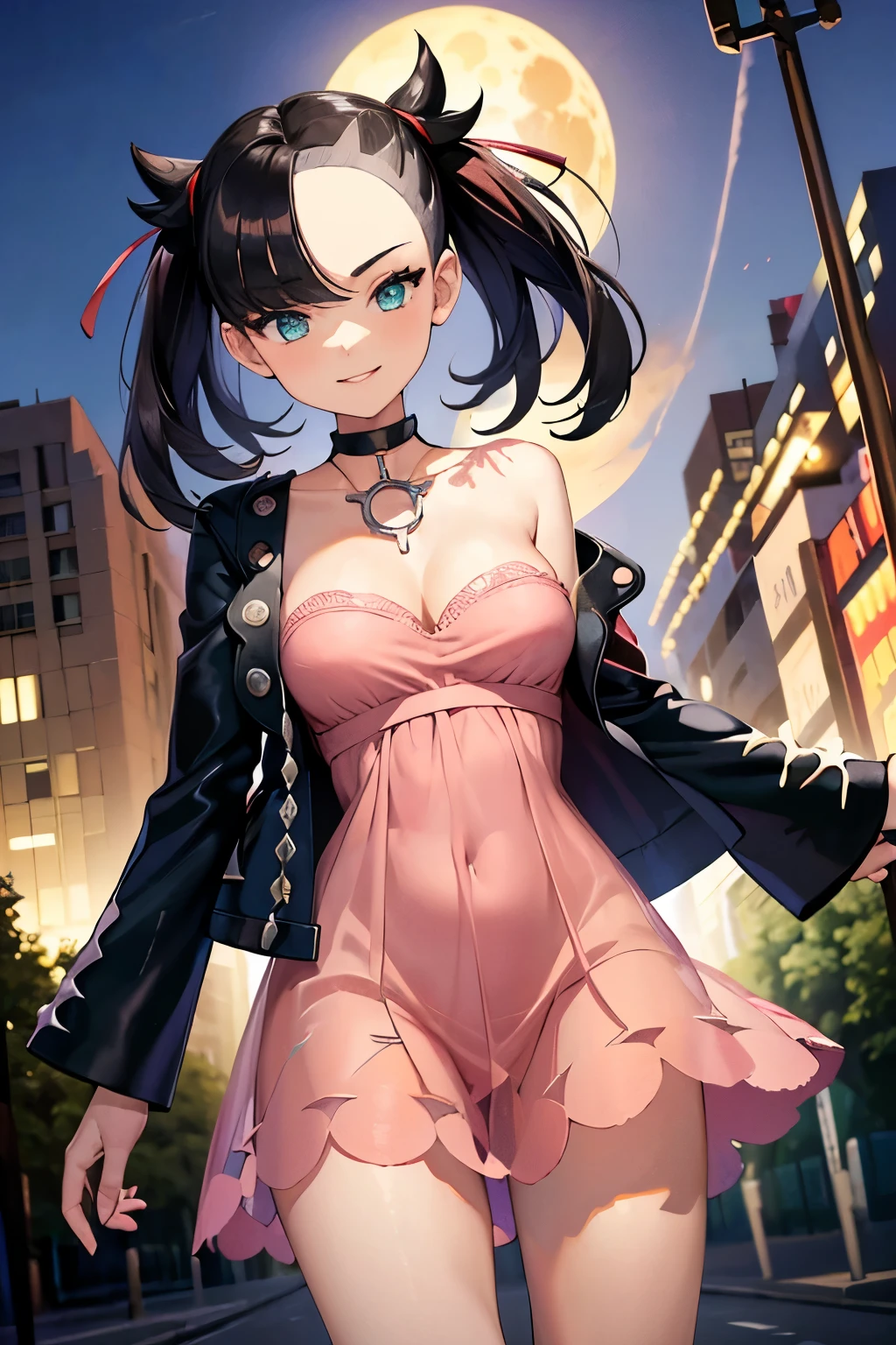 ((masterpiece,best quality)), absurdres, marnie, aqua eyes, black choker, red ribbon, pink dress, jewelry, black jacket, open clothes, long sleeves,  solo, smiling, looking at viewer, cowboy shot,  cinematic composition,  contrapposto, large breasts, microdress, crochet dress, strapless dress, edgCD, see-through dress