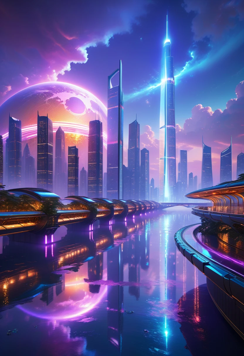 A Masterpiece In 32K Resolution: Supreme Quality, Super Detail, Official Art, Very High-Resolution 32K Wallpaper, Beautiful And Aesthetic, Ultra-Detailed Features, Awe-Inspiring Detail. An Awe-Inspiring Night View Of A Futuristic Cityscape, Featuring A Majestic Bridge Stretching Over A Reflective River. The Skyline Showcases Towering, Sleek Skyscrapers Illuminated By Vibrant Neon Lights, Evoking The Grandeur Of A Futuristic Metropolis. In The Distance, Glowing Megacities Emerge On The Horizon, Adding Depth And Scale To The Scene. The Romantic Evening Atmosphere Is Heightened By The Soft Glow Of The Moon And Shimmering Reflections On The Water. The Urban Design Feels Imaginative And Cutting-Edge, Blending Sleek Architecture With Creative Lighting That Captivates And Surprises, Inspired By The Visionary Style Of Chasbio.
