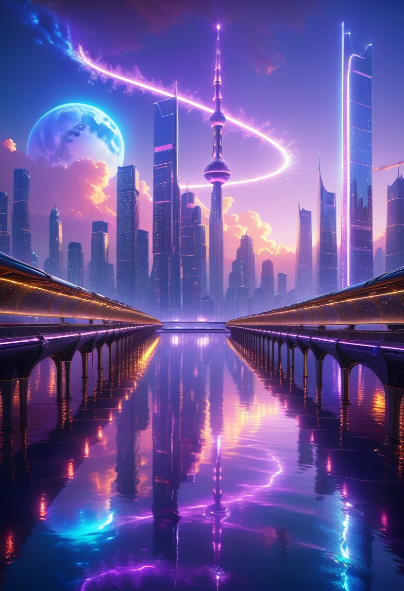 A Masterpiece In 32K Resolution: Supreme Quality, Super Detail, Official Art, Very High-Resolution 32K Wallpaper, Beautiful And Aesthetic, Ultra-Detailed Features, Awe-Inspiring Detail. An Awe-Inspiring Night View Of A Futuristic Cityscape, Featuring A Majestic Bridge Stretching Over A Reflective River. The Skyline Showcases Towering, Sleek Skyscrapers Illuminated By Vibrant Neon Lights, Evoking The Grandeur Of A Futuristic Metropolis. In The Distance, Glowing Megacities Emerge On The Horizon, Adding Depth And Scale To The Scene. The Romantic Evening Atmosphere Is Heightened By The Soft Glow Of The Moon And Shimmering Reflections On The Water. The Urban Design Feels Imaginative And Cutting-Edge, Blending Sleek Architecture With Creative Lighting That Captivates And Surprises, Inspired By The Visionary Style Of Chasbio.
