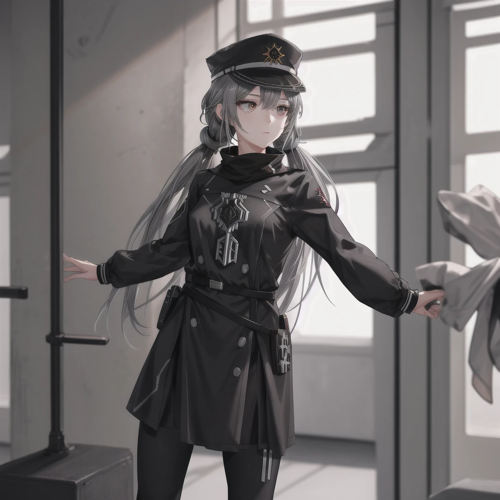  1 girl,   Grey Hair, ,  rose twin-tail, Long Hair, Black military uniform, Peaked Cap,
indoor, military base, 

