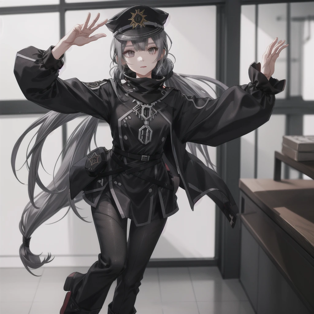  1 girl,   Grey Hair, ,  rose twin-tail, Long Hair, Black military uniform, Peaked Cap,
indoor, military base, 

