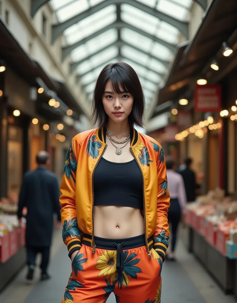 High fashion photo of a 25 year old Asian female supermodel with a slim figure, very large breasts, muscular abs and short messy black hair, wearing a cropped jacket with a strong diagonal cut and cropped pants with a bold graphic design, rule of thirds, woman is lit with soft natural light, background is a Parisian market with roof lights made of overlapping geometric shapes