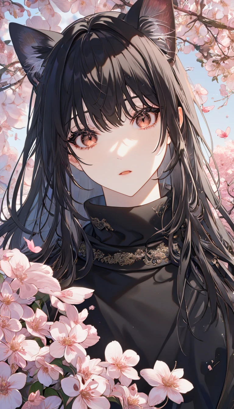  absurdres, highres, ultra detailed, HDR-10,  masterpiece,  The best quality ,  extremely detailed face ,  delicate features , neocruz,  black hair,  Straight hair , with bangs, expressive brown eyes, Omniscient Reader's Viewpoint , junkotvvxl,  black hair,  long hair, cat ears,  expressive red eyes , A couple of attractive men and women in love together, Heterosexual couple,  elegant,  black coat , black sweater, black scarf, fancy, magical, radiant, blossoms, pink flowers,  pink butterflies 