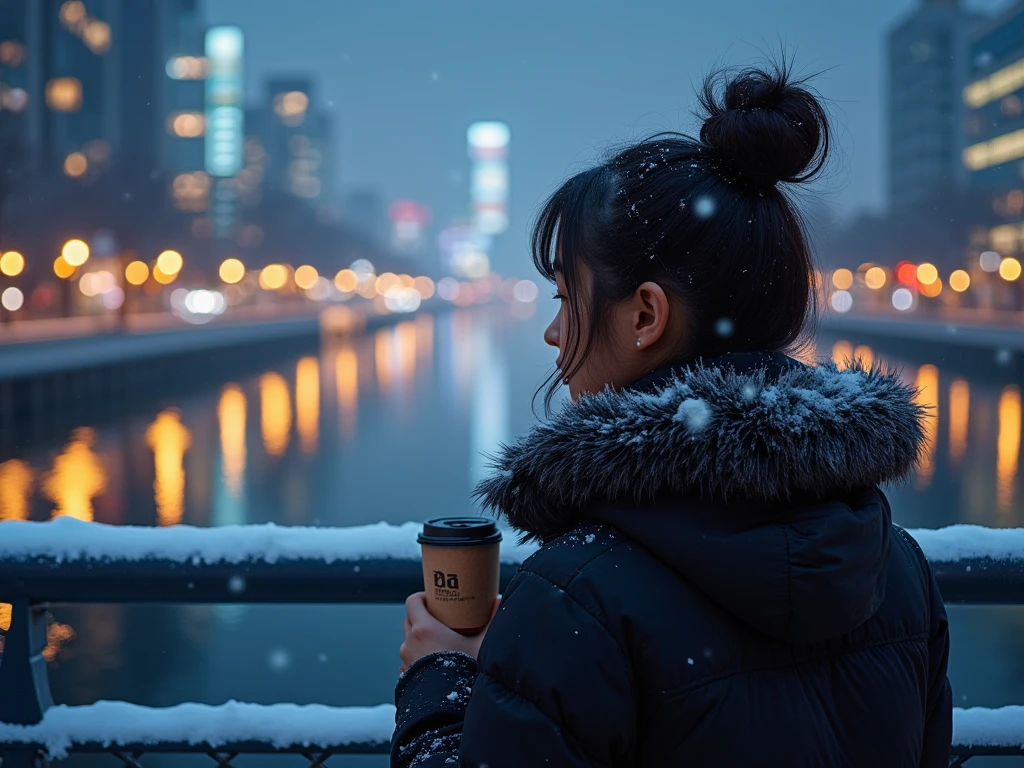 A highly detailed digital artwork of a woman holding a paper cup of coffee on a snowy night, standing on a bridge over a vast, clear river. The water reflects the city lights of Tokyo, creating a stunning reflection. The focus is on the river and reflection, captured from behind the woman over her shoulder. The scene features soft ambient light and a winter glow, with high-definition details, emphasizing the serene atmosphere of the night.