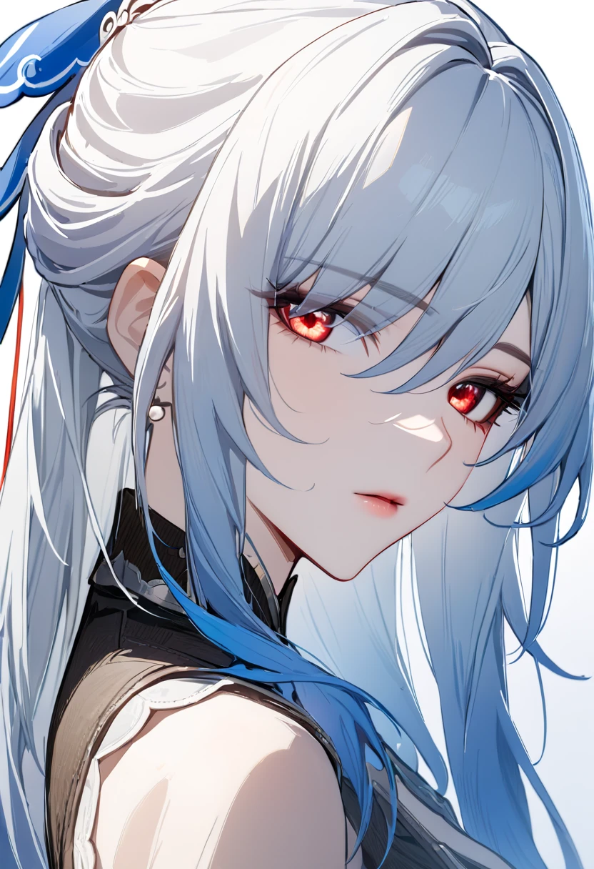 (jingliu), honkai star rail, star rail, (masterpiece), (best quality), (ultra detailed), (illustration), (1girl), Fashion model, looking at viewer, (simple background), beautiful detailed eyes, delicate beautiful face, focus on face, ponytail, jingliu, silver hair, bangs, red eyes, hair ring, best lighting, best shadow, hd