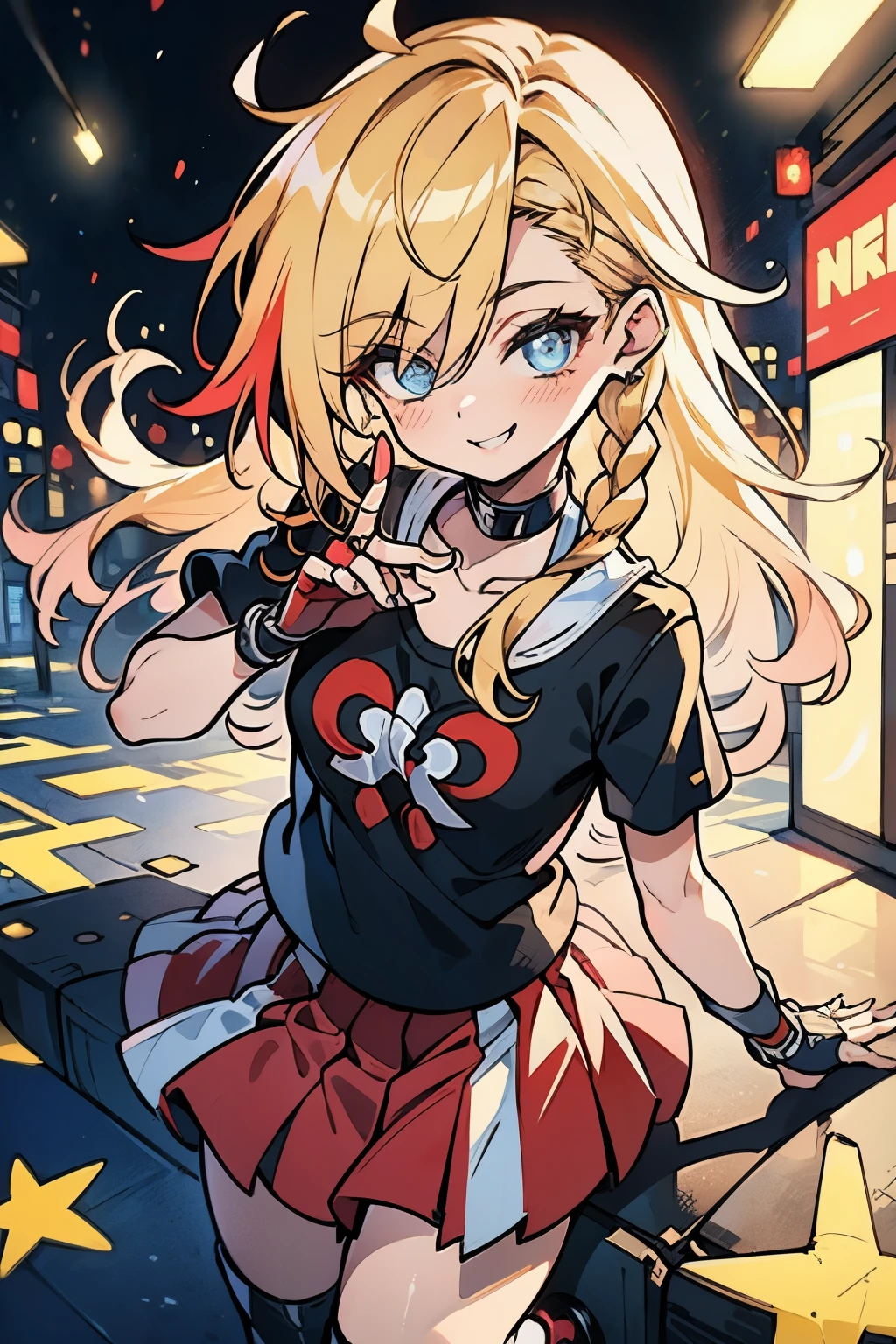 Hair half combed up on the right side、blonde with black mesh、Bad eyes、Red Jersey、Bad schoolgirl、hitornfreckles、crouching down