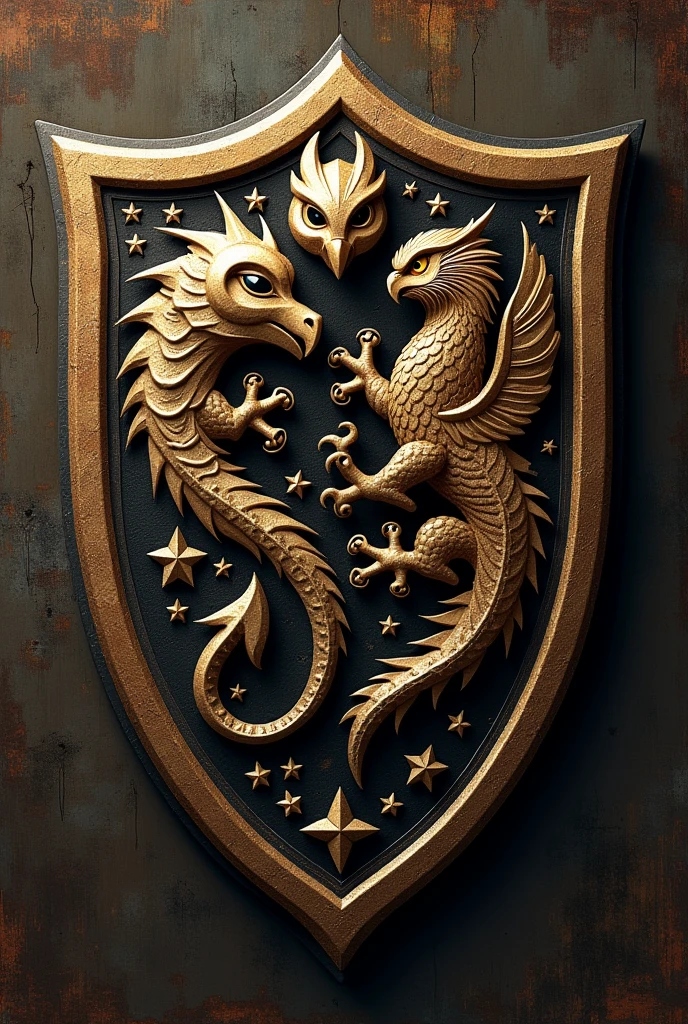 Cree un blason avec une diagonale avec des etoile dedans, On the right an owl and on the left a dragon