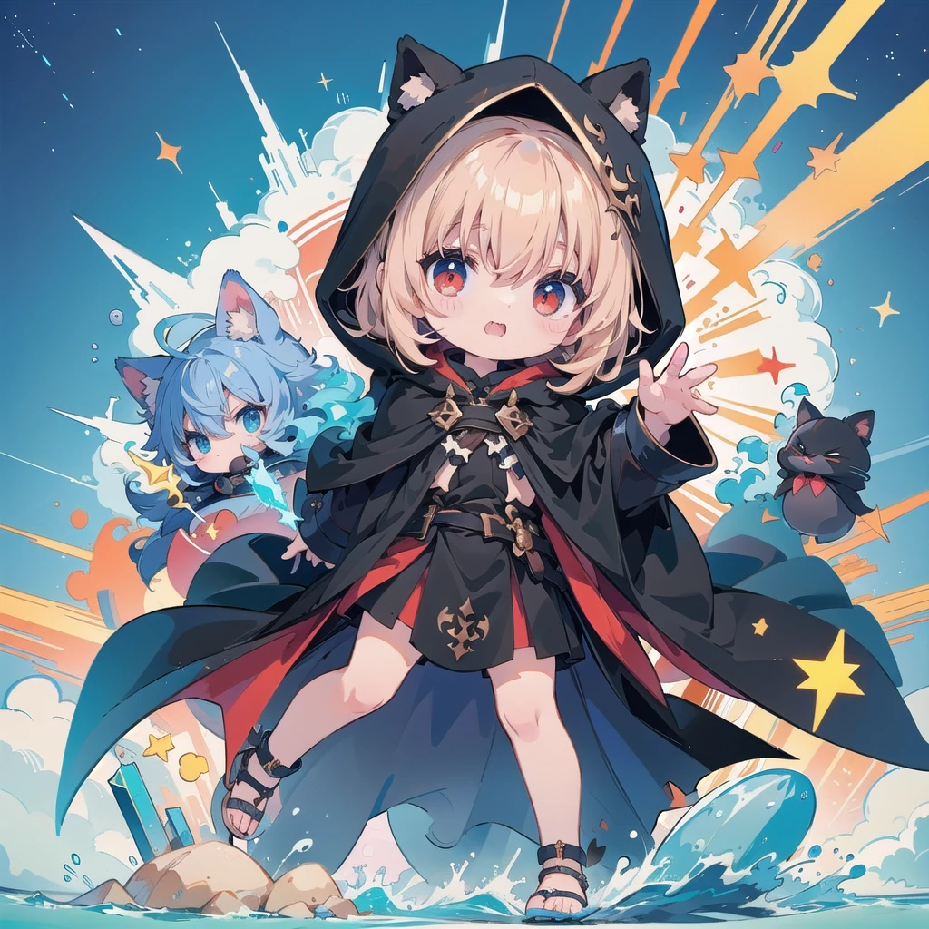 Chibi wearing a blue hooded cloak、The cape reaches down to the ankles、