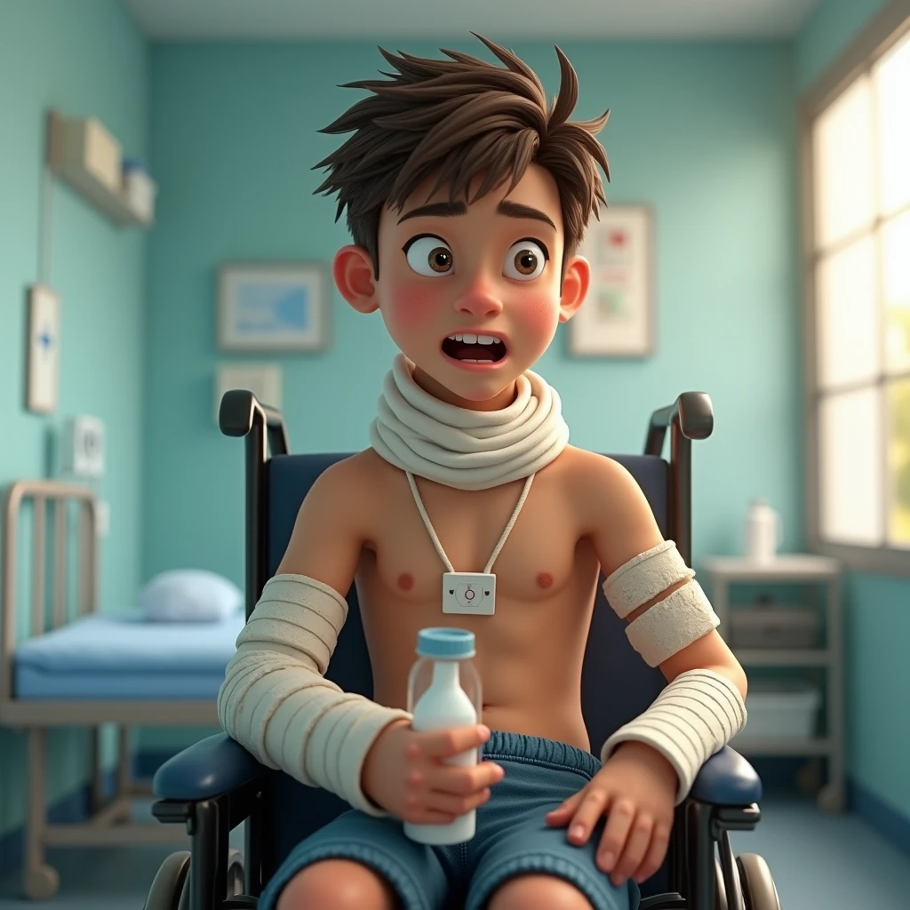 Rich blonde boy with two long and thick casts, blue fiberglass on legs, nurse caring, lying in bed,