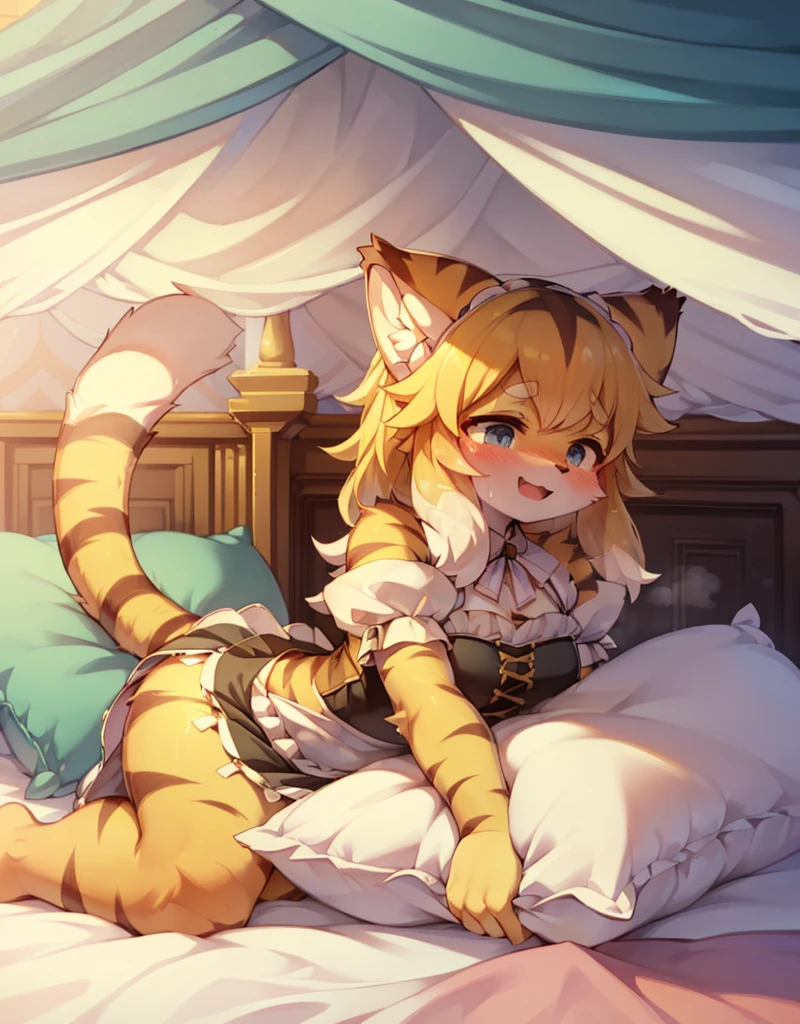 （masterpiece，best quality），mine, The Beast, , ( ））, 穿着Maid costume的可爱女孩在Pillow上摆姿势,，Maid costume，nature,, (blush),a smile，Pillow,（Lots of Pillow），Soft cushion，（canopy bed），（Pillow），Lots of Pillow，（Friction in the crotch），（（PillowCamel）），（A tail），（Around the protagonist），steam，（Pillow），（LuxuryPillow），（Palace Pillow Pattern Pillow），（palace），（Palace bedroom），（Gorgeous Pattern Pillow），Soft Pillow，，（Classical European style bedroom ），（excited，shy person，Lack of expressiveness，），pillow hump,，(Deluxe Rococo Canopy King Bed),Luxurious curtains with ornate ruffles and ribbons hang around the large bed.,((((The bed is piled with many Pillows)))),Quilt details,Detailed bed linen,Ruffled Bed Skirt,Deep Bed,Background with depth,((Pillow in detail)), ((((A Lot of Pillow))))，,，Detailed Soft Pillow,,((女孩正躺在许多Soft Pillow上,There are many Pillows around))，、、In a large canopy bed、Soft sheets and quilts、Colorful soft Pillow、Lots of Pillow、Soft toned bed、Ruffled curtains around the bed.。Delicate face，（Ornate pattern pillow），Soft pillow，，（ classical European style bedroom  ），（Excited face，Opened mouth，Shy，），，my，tiger girl，，sweaty，，（more pillows)，，Blushing，Shy,,MASTURBATING WITH PILLOW,pillow humping, crotch rub,Exhale hot air，steam