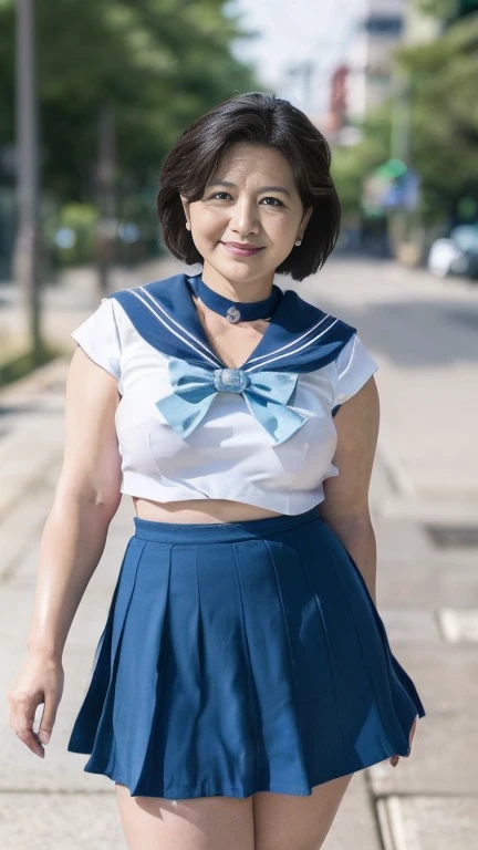 full body shot, from below,  japanese mature, 65 years old,  detailed face , smile, Facial wrinkles,  white skin,  detailed skin texture , (curvy body, Large Breasts,  plump thighs:1.5), (Mer1, tiara, sailor senshi uniform, blue sailor collar, bow, knee boots, choker, white gloves, blue choker, elbow gloves, jewelry, earrings, blue skirt, mini skirt:1.2), ( takes a picture of the whole body from toe to head, Standing on the sidewalk:1.2), ( surrealism, best quality, ultra detailed, absolutely resolution, 8k, anatomically correct), depth of field, looking at viewer, tachi-e, standing