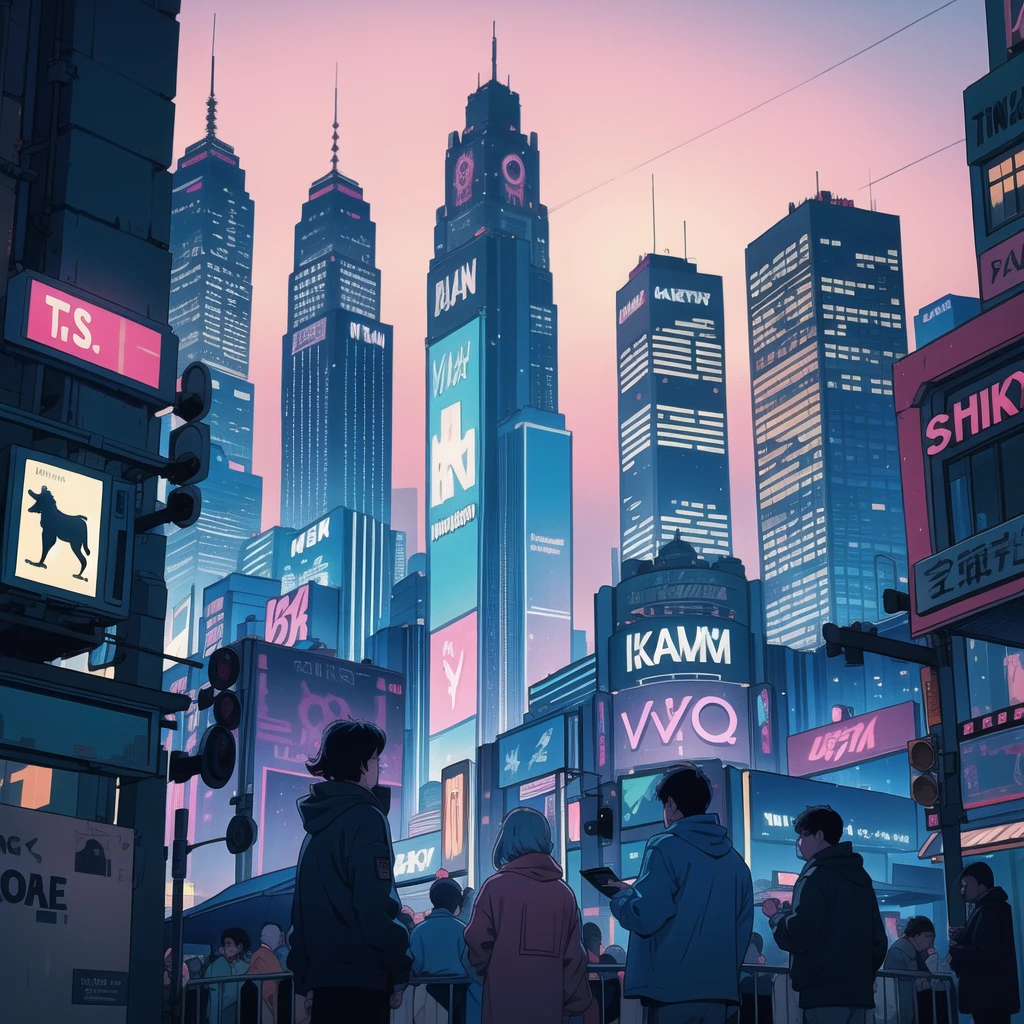 I'm in the center of the city ,  The silhouettes of skyscrapers float in a pale pastel sunset sky .  neon lights begin to light ,  throws retro brilliance into the bustling streets .  The scene is enhanced with subtle VHS noise ,  creates a lo-fi cityscape reminiscent of 90s urban dreams.  the vibrant city comes to life ,  The air is filled with distant traffic sounds and laughter 