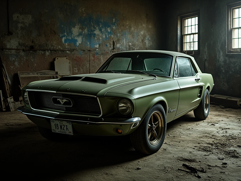 1967 Ford Mustang, dark green, sitting in an abandoned garage