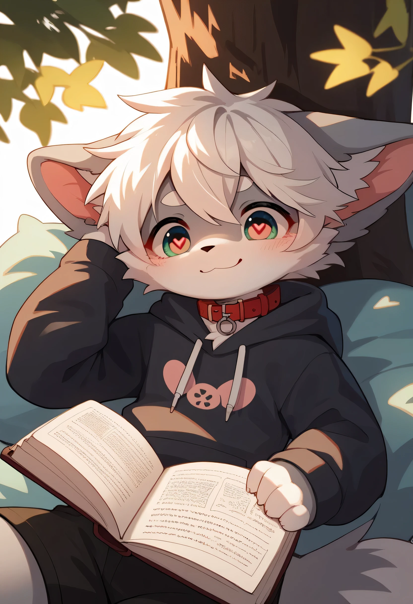  very detailed, very detailed, white hair with grey fur,Age 15,female,Heart Eyes,participate,Red collar, cute face, fluffy fur,Horny boy ,White background,Droopy ears, blush nose ,Up in the tree,Read a book,smile,cry,sleep,Estrus season,excited,Fur Boy, an uneasy face, black shorts, sweatshirt , Long Sleeve ,Trendy,