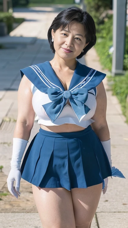 full body shot, from below,  japanese mature, 65 years old,  detailed face , smile, Facial wrinkles,  white skin,  detailed skin texture , (curvy body, Large Breasts,  plump thighs:1.5), (Mer1, tiara, sailor senshi uniform, blue sailor collar, bow, knee boots, choker, white gloves, blue choker, elbow gloves, jewelry, earrings, blue skirt, mini skirt:1.2), ( takes a picture of the whole body from toe to head, Standing on the sidewalk:1.2), ( surrealism, best quality, ultra detailed, absolutely resolution, 8k, anatomically correct), depth of field, looking at viewer, tachi-e, standing, full body