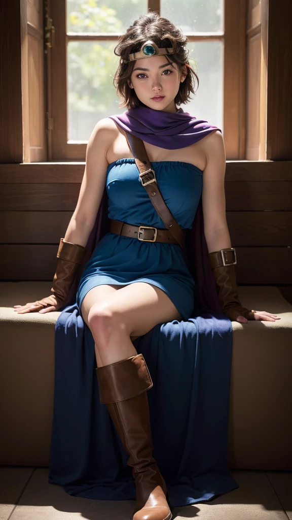 ((masterpiece:1.4)), (High resolution:1.4), Standing on the lawn, Sexy pose, One girl:1.5, alone, outside, internal (dq3), One girl, alone, short hair, Brown Hair, blue eyes, Circlet, Muscular、Strapless, Blue clothes, Purple Cape, Knee socks, Elbow hand pockets, boots, belt, sheath, knee boots, Beautiful smile, Beautiful Face, Highly detailed face, Highly detailed eyes, Highly detailed skin, Skin pores, Realistic pupils, Blush all over face, Fuller lips, (Perfect Anatomy:1.1), (Perfect Proportions:1.1), (photograph:1.1), (photoRealistic:1.1), Volumetric lighting, Dynamic Lighting, True Shadow, (High resolution:1.1), Sharp focus, Dawn, (Realistic, hyperRealistic:1.4), Complex, Attention to detail, dramatic, Scattered beneath the surface, Large depth of field, Vivid, Polished, Honed, ((Full Sharp)), (Very absurd),16k hdr,