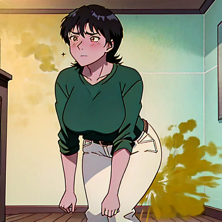 solo,1girl, Azusa Fuyutsuki, black hair ,brown eyes , shocked, brown hair , wearing yellow shirt and white pants, farting, massive fart, blushing, bend over, relieved face, alone in a room