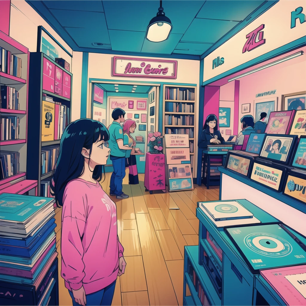  Inside a Retro Record Store ,  The store name is Latin music ,  Pastel blue and pink creates a nostalgic atmosphere .. VHSスタイルのひずみで、 Inside a Retro Record Store . The air is 、 Full of rich tones of records playing classical tunes..  Customers Explore Shelves ,  Discover Hidden Gems of Music ,  Transforms record stores into a blissful place for music 