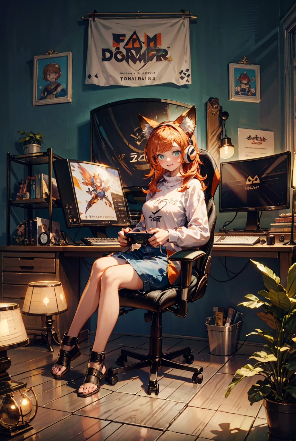 hires,high quality,best quality,1girl,mature female,game controller, headphones-for-animal-ears, animal ears,shirt, fox girl, fox ears, orange hair, green eyes,smirk, long hair, (holding game controller:1.2),large breasts, brown hair, monitor, posters, shelf, plant, figurine,gaming-room, gaming chair, sitting on chair, playing games,focused expression,game on screen,(controller:1.1),(gamepad:1.1), shorts, legs on desk,  looking at viewer
