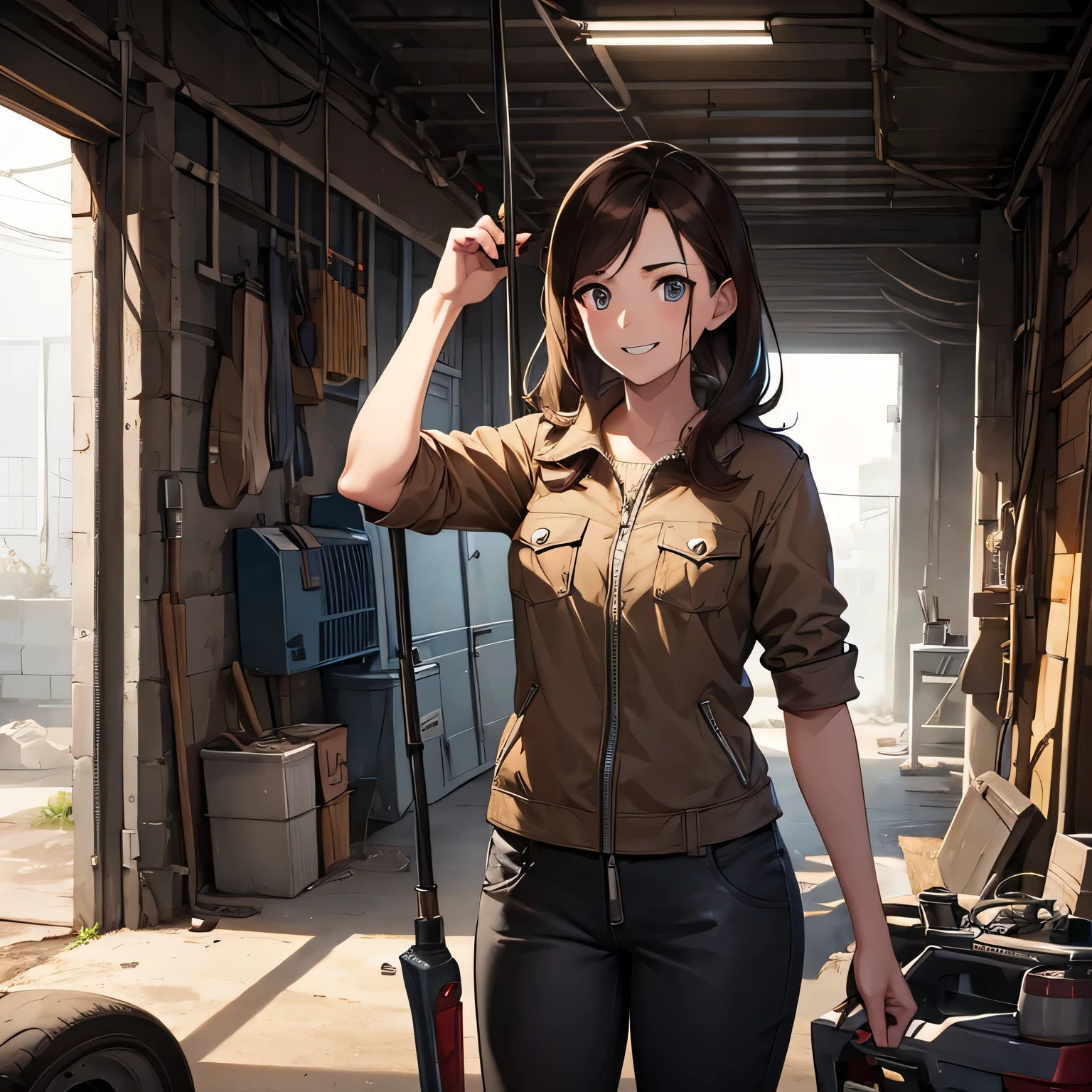 Woman in mechanic's outfit in dirty garage, modern cartoon, realistic, dirt on face, spanner in hand, opening zipper, dark brown hair, long hair, wide open mouth smile, sharp, top quality, 4k, super detailed, top quality, 8k, amazingly detailed