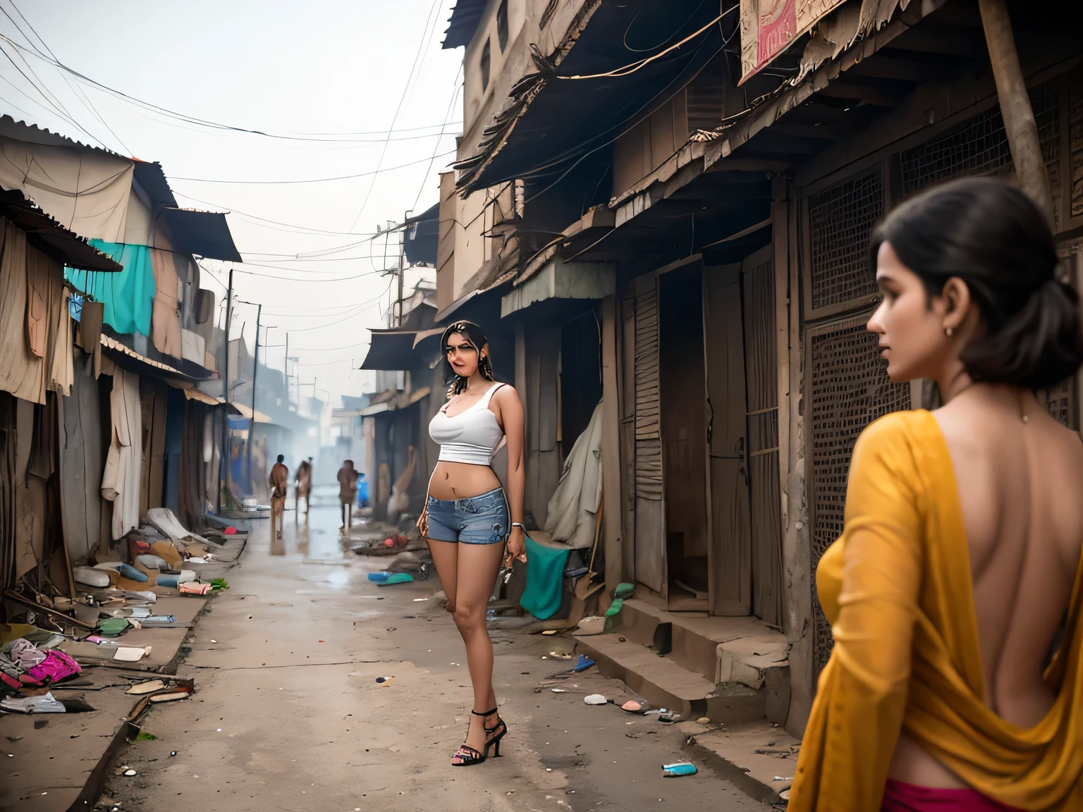 In the slums of India, the three-story residential area on both sides of the picture is blackened by smoke. In the middle stands an Indian beauty with short hair, high heels, low-cut T-shirt, cleavage exposed, and shorts showing long legs. In the blurred background, there are some Indian uncles staring at her.